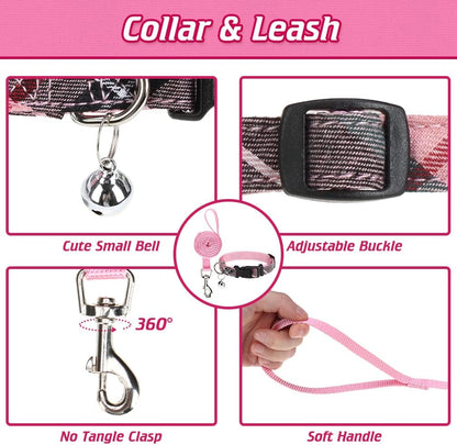 Classic Plaid Puppy Harness - Small Dog Harness and Leash Set - Dog Collar and Leash Set with AirTag Holder, Soft Padded Step in Dog Vest Harness No Pull Reflective for Outdoor, Pink XS