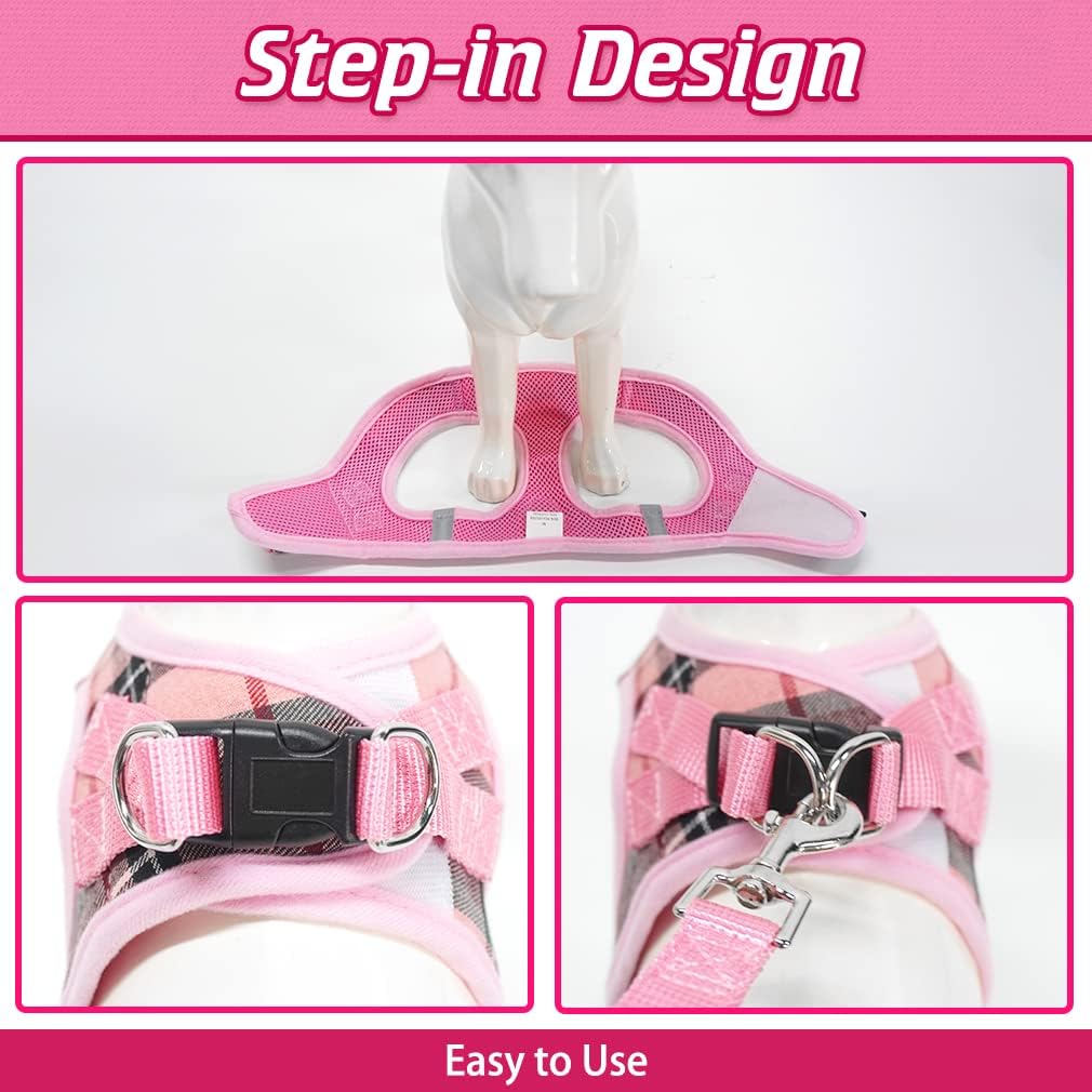 Classic Plaid Puppy Harness - Small Dog Harness and Leash Set - Dog Collar and Leash Set with AirTag Holder, Soft Padded Step in Dog Vest Harness No Pull Reflective for Outdoor, Pink XS