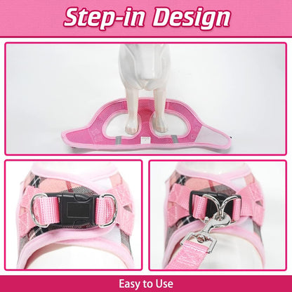 Classic Plaid Puppy Harness - Small Dog Harness and Leash Set - Dog Collar and Leash Set with AirTag Holder, Soft Padded Step in Dog Vest Harness No Pull Reflective for Outdoor, Pink XS