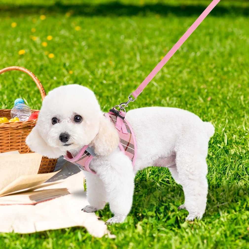 Classic Plaid Puppy Harness - Small Dog Harness and Leash Set - Dog Collar and Leash Set with AirTag Holder, Soft Padded Step in Dog Vest Harness No Pull Reflective for Outdoor, Pink XS