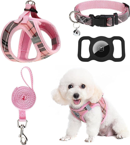 Classic Plaid Puppy Harness - Small Dog Harness and Leash Set - Dog Collar and Leash Set with AirTag Holder, Soft Padded Step in Dog Vest Harness No Pull Reflective for Outdoor, Pink XS