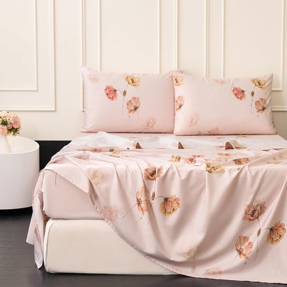 Blush Pink Floral Bed Sheets 100% Cotton King Size Sheet Set Satin Weave 4Pcs, Apricot Peach Flower Printed Bed Set with Deep Pocket 17.5", Soft Breathable & Crisp, Luxury French Country
