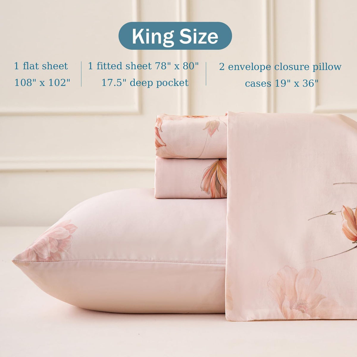 Blush Pink Floral Bed Sheets 100% Cotton King Size Sheet Set Satin Weave 4Pcs, Apricot Peach Flower Printed Bed Set with Deep Pocket 17.5", Soft Breathable & Crisp, Luxury French Country