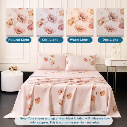 Blush Pink Floral Bed Sheets 100% Cotton King Size Sheet Set Satin Weave 4Pcs, Apricot Peach Flower Printed Bed Set with Deep Pocket 17.5", Soft Breathable & Crisp, Luxury French Country
