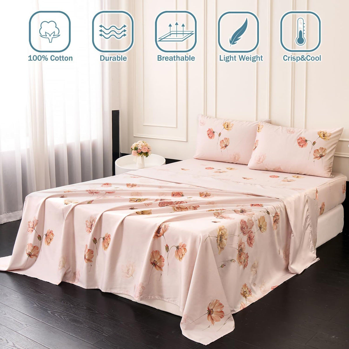 Blush Pink Floral Bed Sheets 100% Cotton King Size Sheet Set Satin Weave 4Pcs, Apricot Peach Flower Printed Bed Set with Deep Pocket 17.5", Soft Breathable & Crisp, Luxury French Country