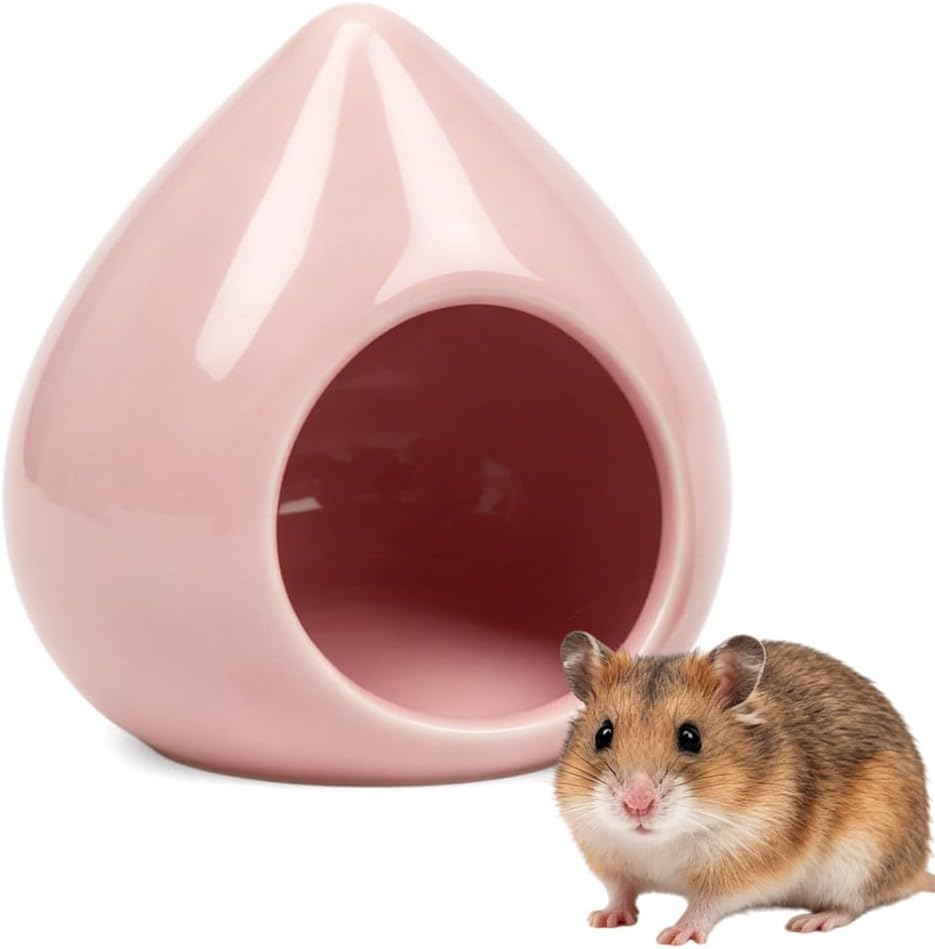 Ceramic Hamster House Cute Teardrop Shaped Cave Summer Cool Small Animal Hideout for Gerbil Mice Dwarf Hamster (Pink)