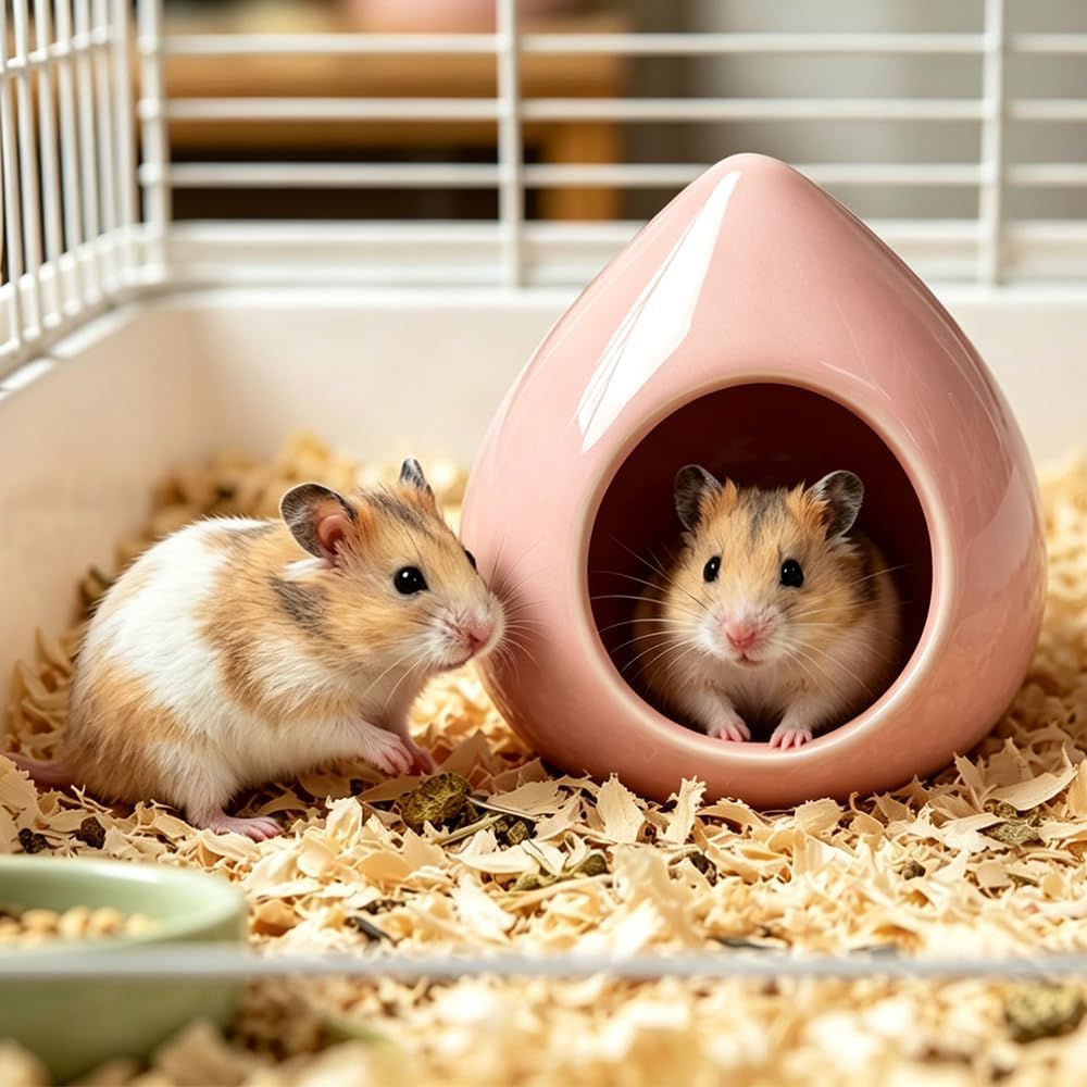 Ceramic Hamster House Cute Teardrop Shaped Cave Summer Cool Small Animal Hideout for Gerbil Mice Dwarf Hamster (Pink)