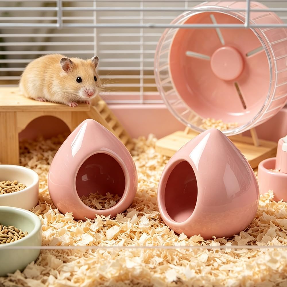 Ceramic Hamster House Cute Teardrop Shaped Cave Summer Cool Small Animal Hideout for Gerbil Mice Dwarf Hamster (Pink)
