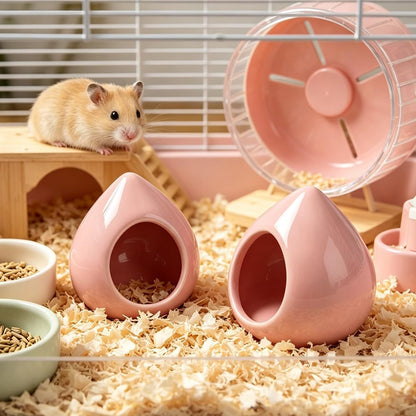 Ceramic Hamster House Cute Teardrop Shaped Cave Summer Cool Small Animal Hideout for Gerbil Mice Dwarf Hamster (Pink)