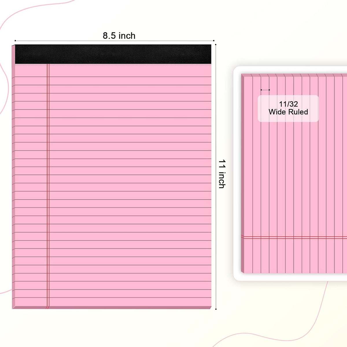 Pink Legal Pad Note Pads 8.5 x 11 inch, Wide Ruled Clear Print Writing Pads 30 Sheets/Pad, 20lb Colored Paper, Perforated Notepad with Sturdy Back (3 Pads Pink)