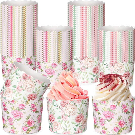 100 Pcs Spring Floral Cupcake Liners, Vintage Rose Muffin Baking Cups, Disposable Flower Paper Wrappers for Bridal Shower, Tea Party, Wedding, Spring Party Dessert Table Decor(White and Pink)