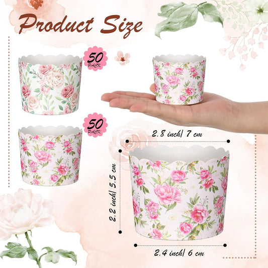 100 Pcs Spring Floral Cupcake Liners, Vintage Rose Muffin Baking Cups, Disposable Flower Paper Wrappers for Bridal Shower, Tea Party, Wedding, Spring Party Dessert Table Decor(White and Pink)