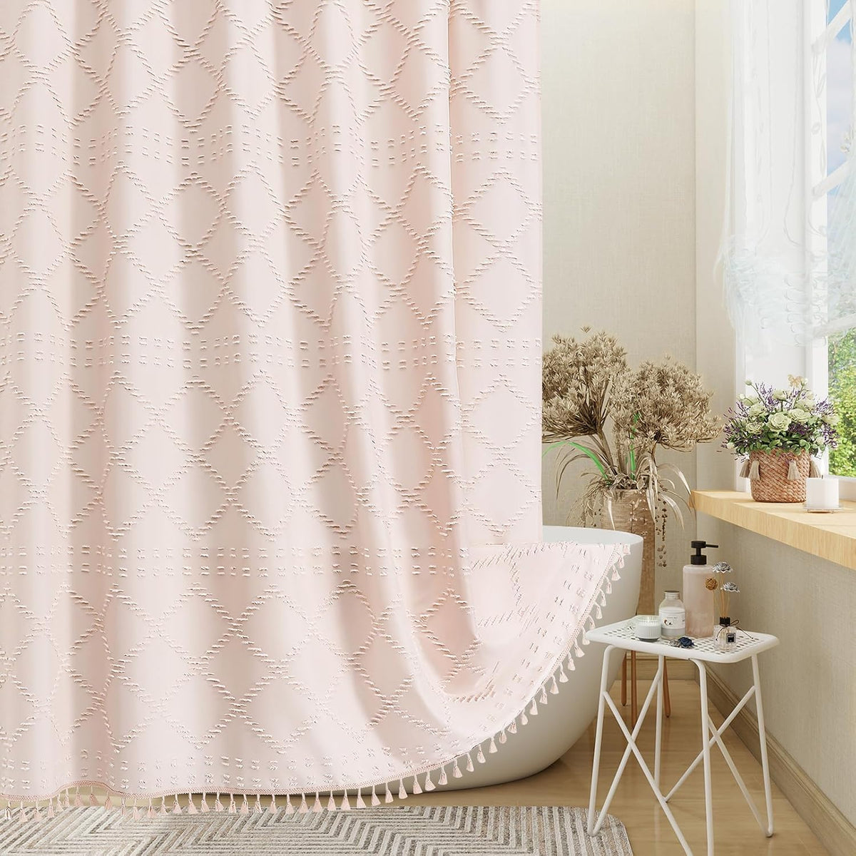 Light Pink Boho Fabric Shower Curtain with Tassel 72x72, Tufted Textured