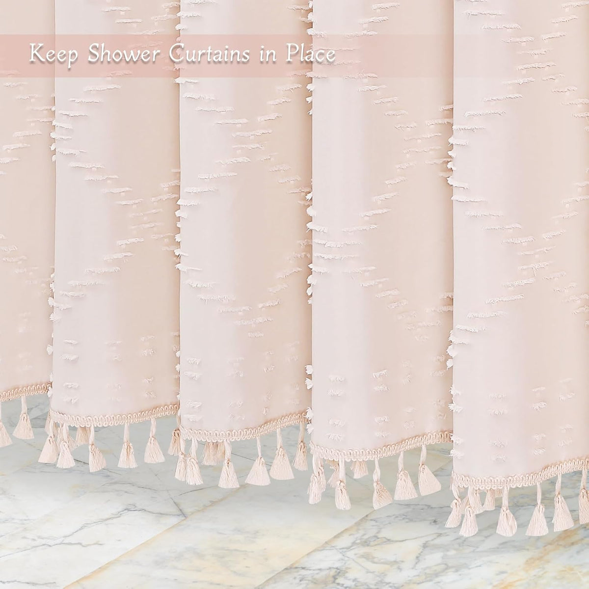 Light Pink Boho Fabric Shower Curtain with Tassel 72x72, Tufted Textured