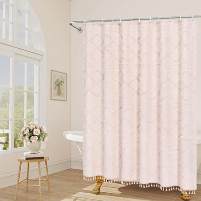 Light Pink Boho Fabric Shower Curtain with Tassel 72x72, Tufted Textured