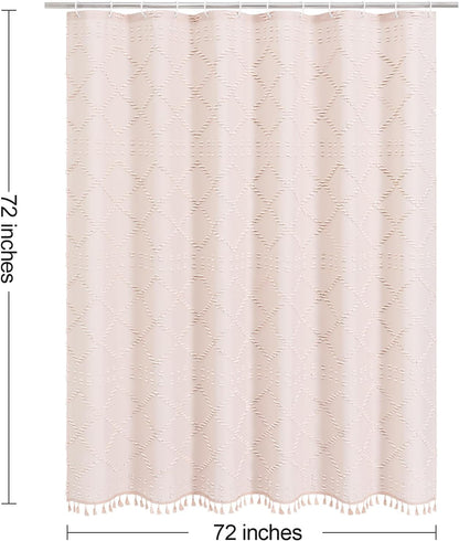 Light Pink Boho Fabric Shower Curtain with Tassel 72x72, Tufted Textured