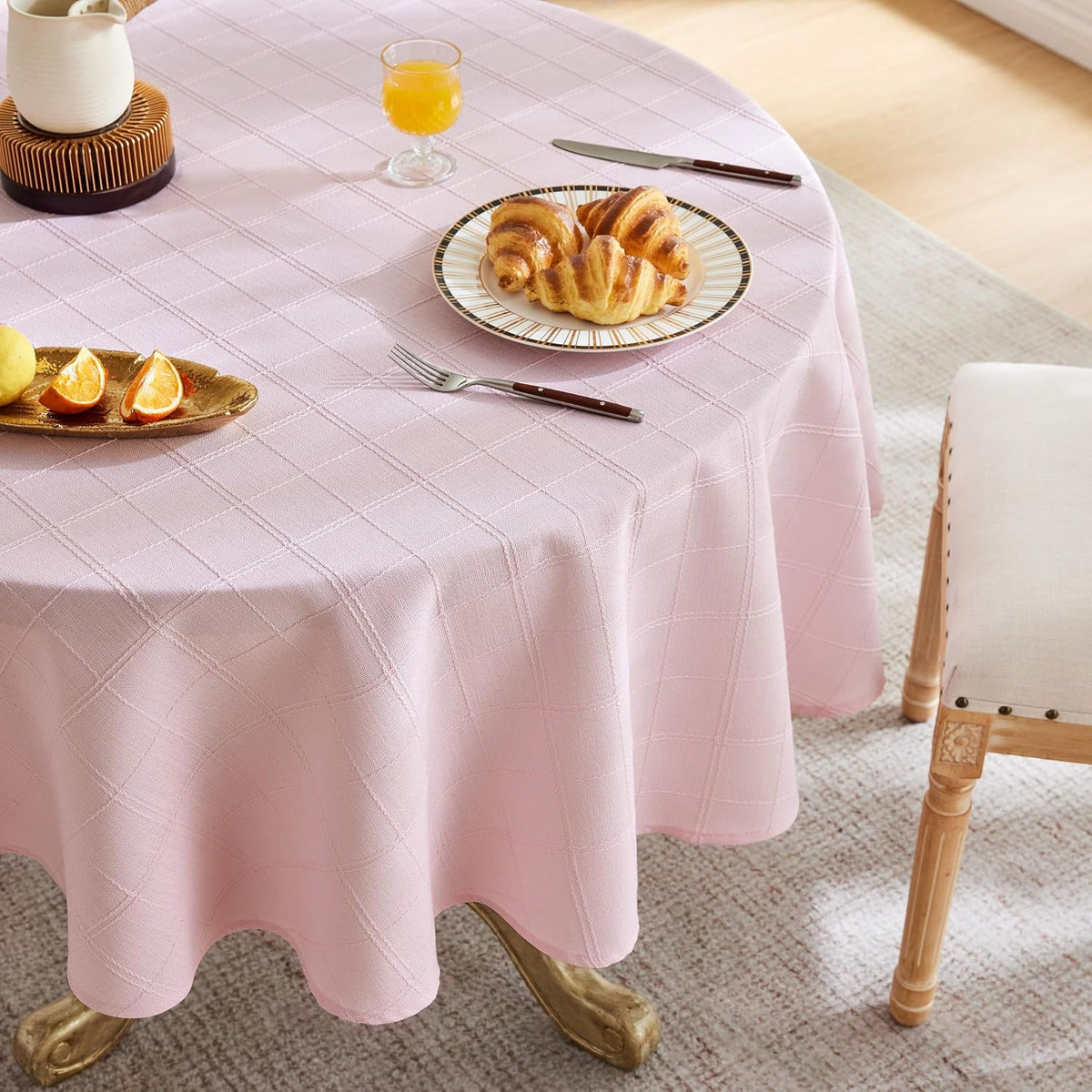 ZeeMart Linen Checked Round Table Cloth 60 Inch Pink