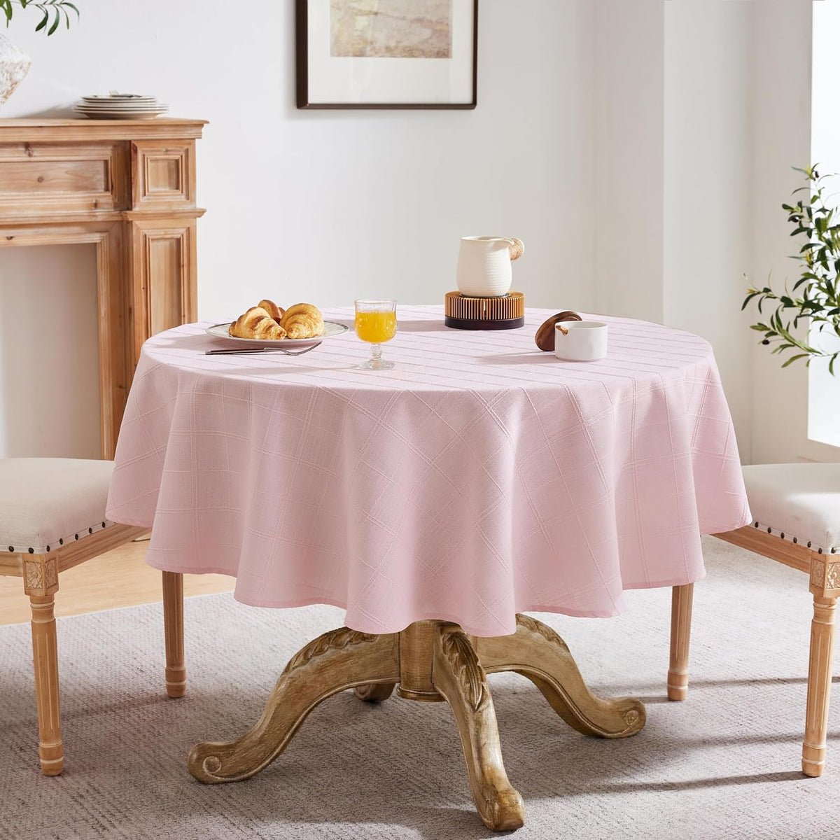 ZeeMart Linen Checked Round Table Cloth 60 Inch Pink