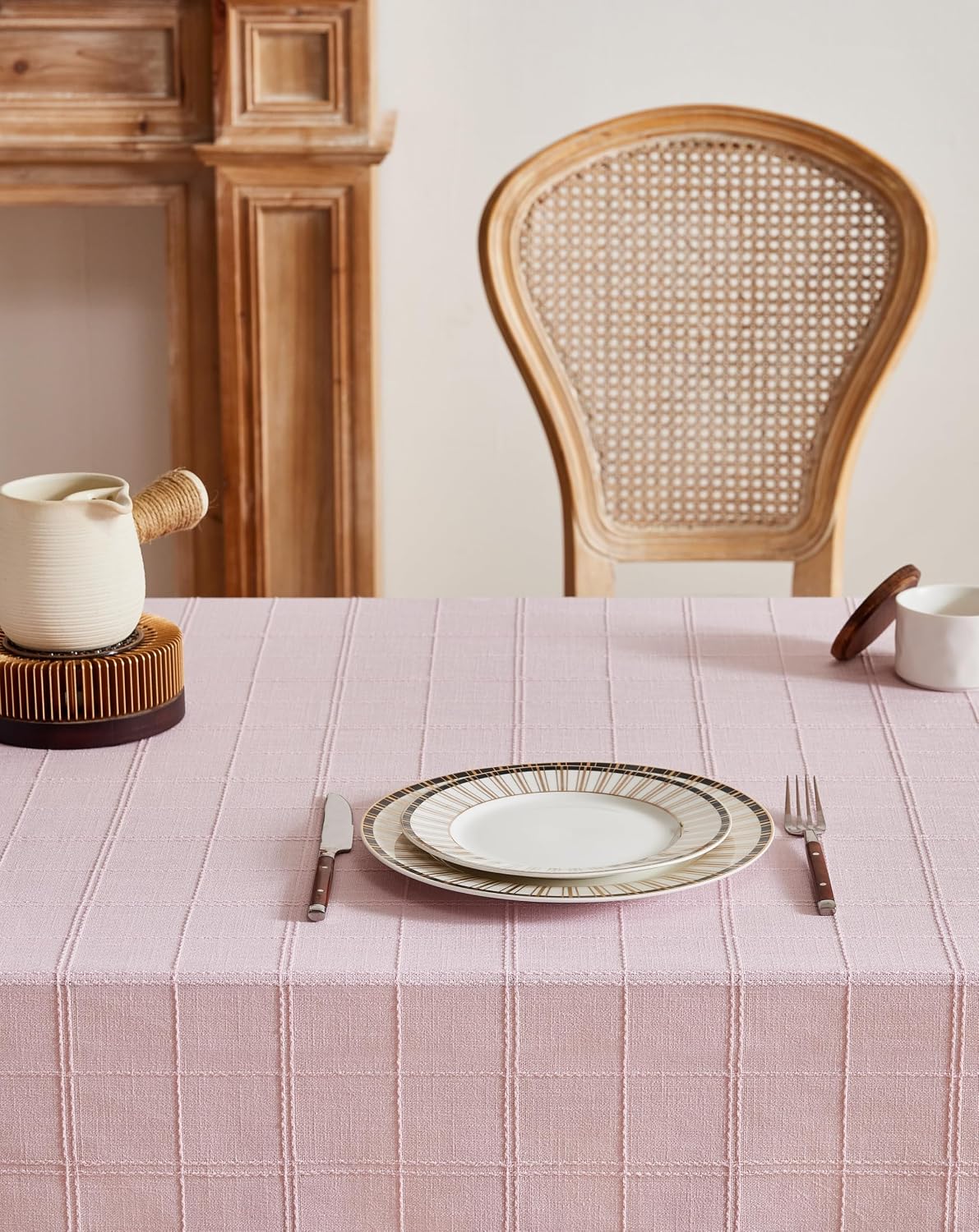 ZeeMart Linen Checked Round Table Cloth 60 Inch Pink