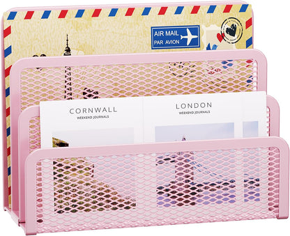 Mail Organizer for Desk, 3-Slot Mesh Metal Mail Holder countertop, Letter Holder, Office Desktop Envelope and Document Storage Rack (Pink)