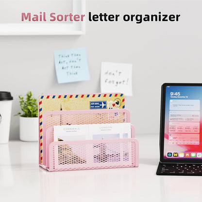 Mail Organizer for Desk, 3-Slot Mesh Metal Mail Holder countertop, Letter Holder, Office Desktop Envelope and Document Storage Rack (Pink)