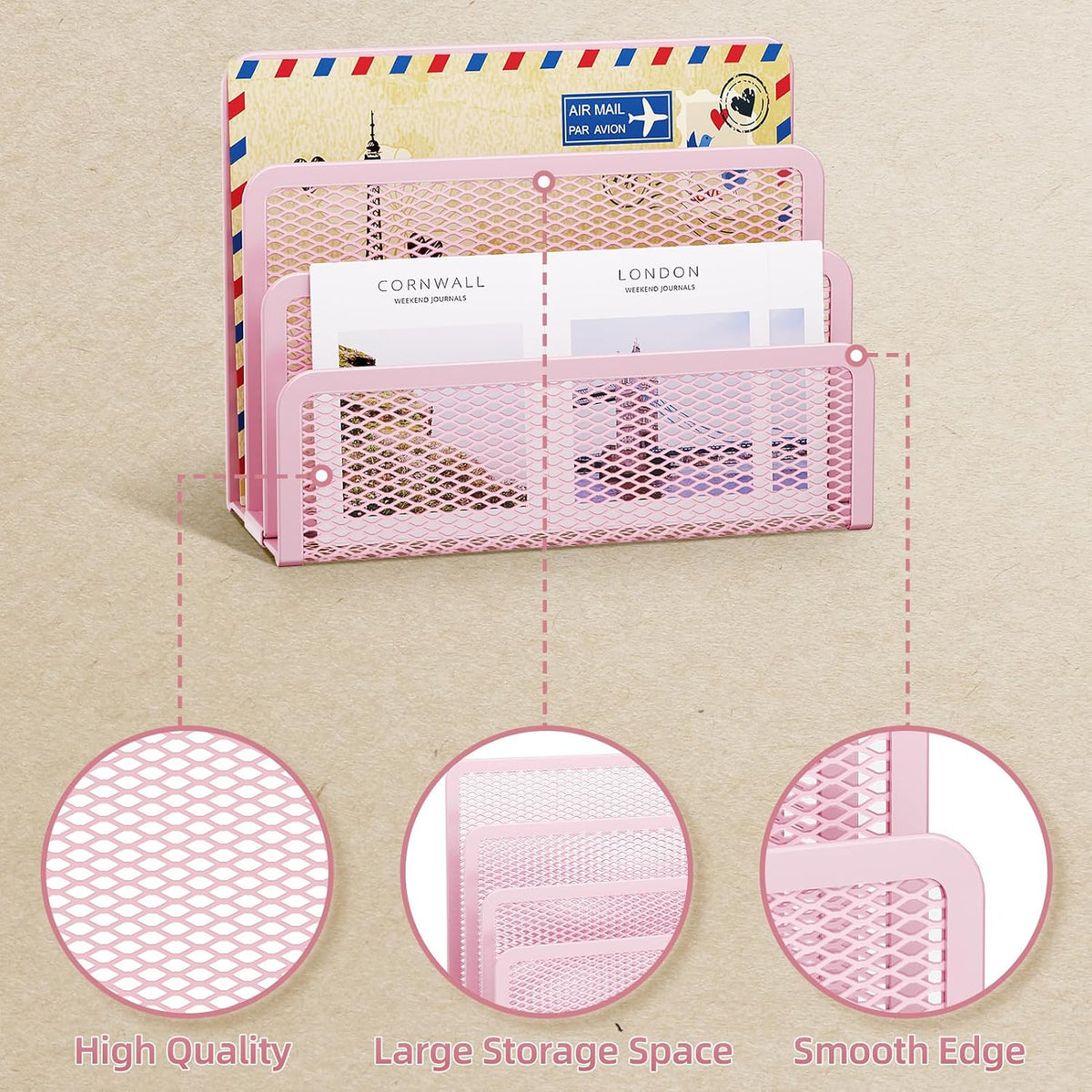 Mail Organizer for Desk, 3-Slot Mesh Metal Mail Holder countertop, Letter Holder, Office Desktop Envelope and Document Storage Rack (Pink)