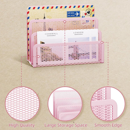 Mail Organizer for Desk, 3-Slot Mesh Metal Mail Holder countertop, Letter Holder, Office Desktop Envelope and Document Storage Rack (Pink)