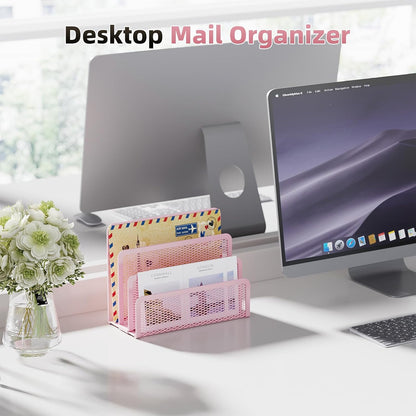 Mail Organizer for Desk, 3-Slot Mesh Metal Mail Holder countertop, Letter Holder, Office Desktop Envelope and Document Storage Rack (Pink)