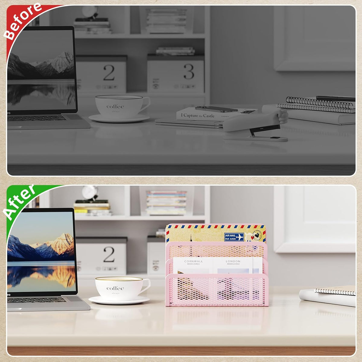 Mail Organizer for Desk, 3-Slot Mesh Metal Mail Holder countertop, Letter Holder, Office Desktop Envelope and Document Storage Rack (Pink)