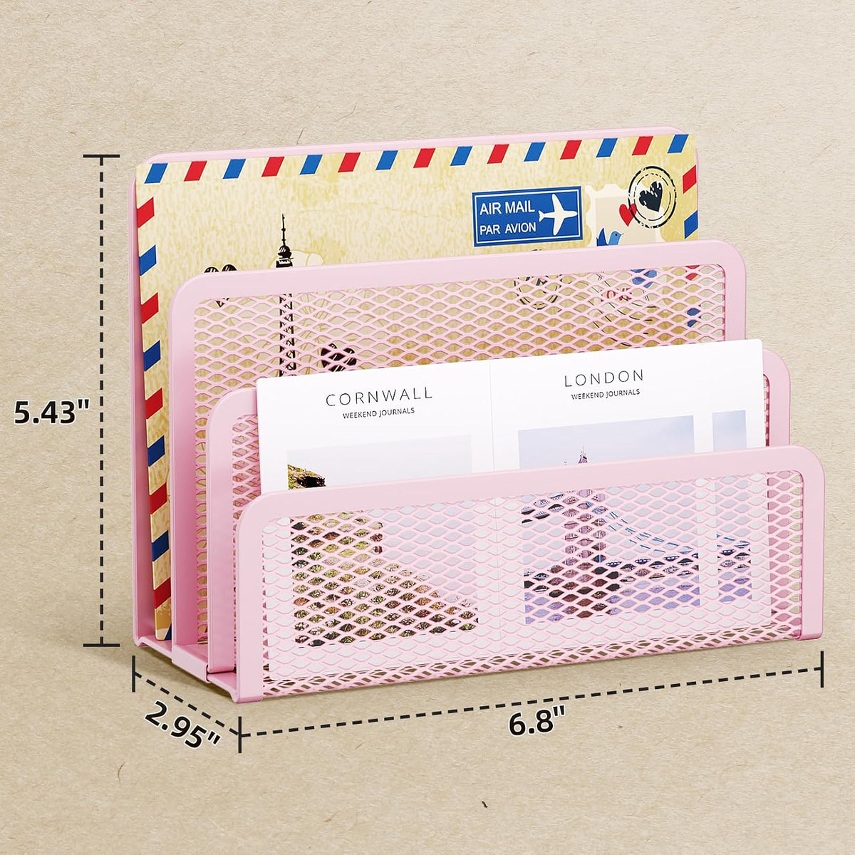 Mail Organizer for Desk, 3-Slot Mesh Metal Mail Holder countertop, Letter Holder, Office Desktop Envelope and Document Storage Rack (Pink)
