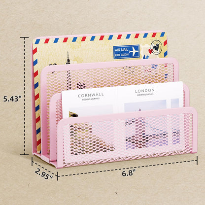 Mail Organizer for Desk, 3-Slot Mesh Metal Mail Holder countertop, Letter Holder, Office Desktop Envelope and Document Storage Rack (Pink)