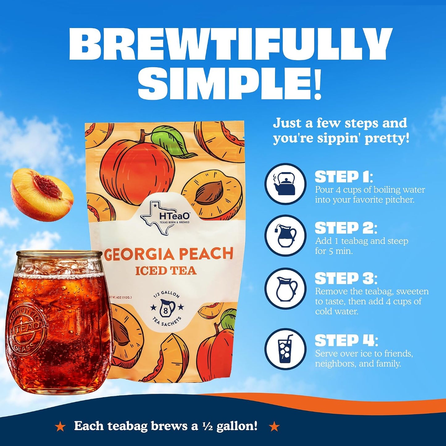 Georgia Peach & Hibiscus Black Tea Packets – Makes 8 Gallons of Naturally Sweet Texas-Style Iced Tea in 5 Minutes – Large Tea Sachets for Parties, Family Gatherings, & Groups - No Artificial Flavors or Additives (16-Count)