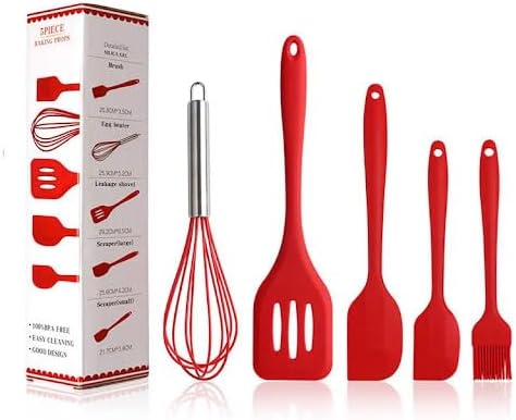 5-Piece Silicone Spatula Set with Egg Whisk & Basting Brush – Heat Resistant, Non-Stick, BPA-Free Kitchen Utensils for Cooking, Baking & Grilling – Dishwasher Safe – (Red, Black, Green, Pink) (Red)