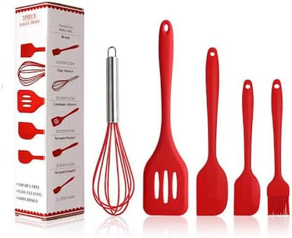 5-Piece Silicone Spatula Set with Egg Whisk & Basting Brush – Heat Resistant, Non-Stick, BPA-Free Kitchen Utensils for Cooking, Baking & Grilling – Dishwasher Safe – (Red, Black, Green, Pink) (Red)