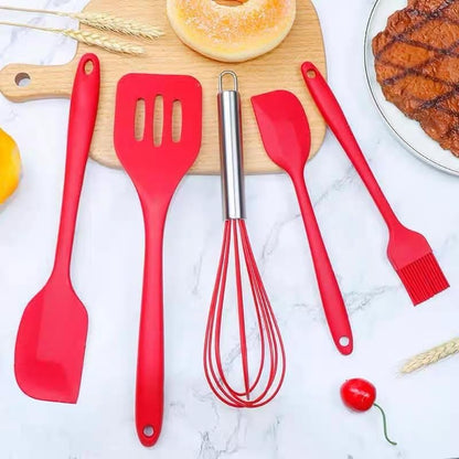 5-Piece Silicone Spatula Set with Egg Whisk & Basting Brush – Heat Resistant, Non-Stick, BPA-Free Kitchen Utensils for Cooking, Baking & Grilling – Dishwasher Safe – (Red, Black, Green, Pink) (Red)