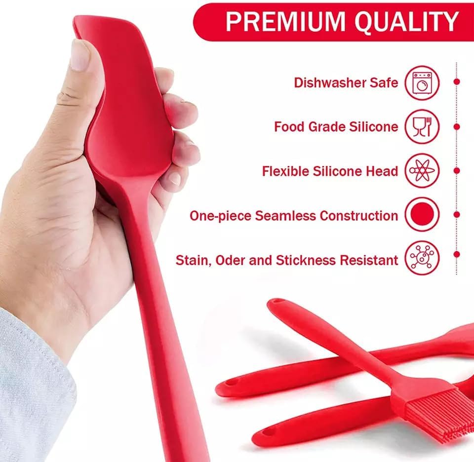 5-Piece Silicone Spatula Set with Egg Whisk & Basting Brush – Heat Resistant, Non-Stick, BPA-Free Kitchen Utensils for Cooking, Baking & Grilling – Dishwasher Safe – (Red, Black, Green, Pink) (Red)