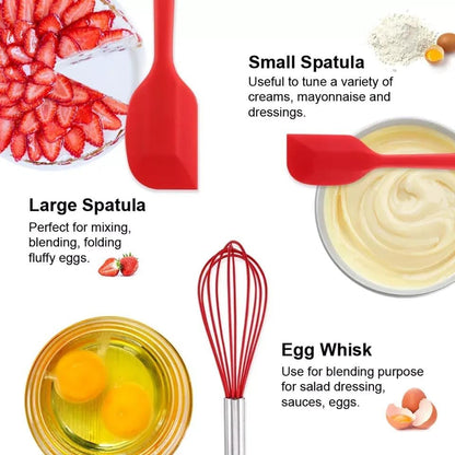 5-Piece Silicone Spatula Set with Egg Whisk & Basting Brush – Heat Resistant, Non-Stick, BPA-Free Kitchen Utensils for Cooking, Baking & Grilling – Dishwasher Safe – (Red, Black, Green, Pink) (Red)