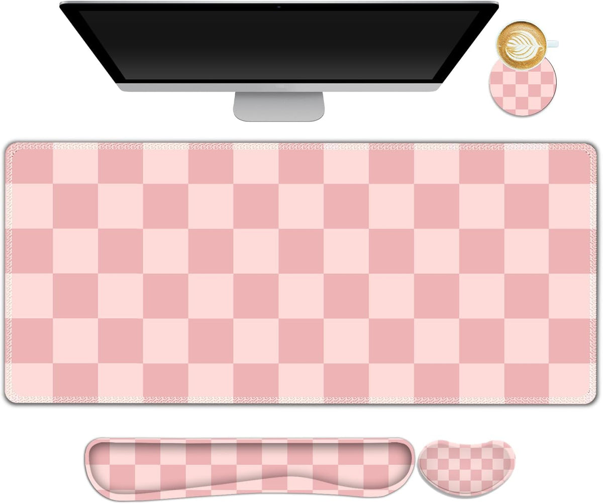 Soft Pink Checkerboard Mouse Pad Set, 4 in1 Ergonomics Keyboard Desk Mat with Memory Foam Wrist Rest, Extended Game Mousepad, Non-Slip Large Gaming Desk Pad Matt Easy Typing Pain Relief