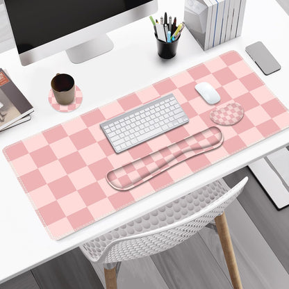Soft Pink Checkerboard Mouse Pad Set, 4 in1 Ergonomics Keyboard Desk Mat with Memory Foam Wrist Rest, Extended Game Mousepad, Non-Slip Large Gaming Desk Pad Matt Easy Typing Pain Relief