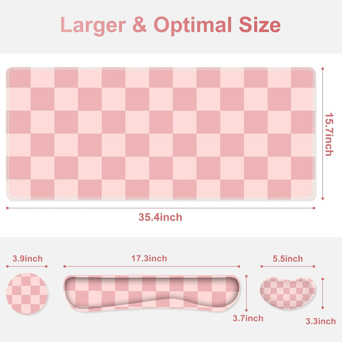 Soft Pink Checkerboard Mouse Pad Set, 4 in1 Ergonomics Keyboard Desk Mat with Memory Foam Wrist Rest, Extended Game Mousepad, Non-Slip Large Gaming Desk Pad Matt Easy Typing Pain Relief