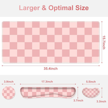 Soft Pink Checkerboard Mouse Pad Set, 4 in1 Ergonomics Keyboard Desk Mat with Memory Foam Wrist Rest, Extended Game Mousepad, Non-Slip Large Gaming Desk Pad Matt Easy Typing Pain Relief