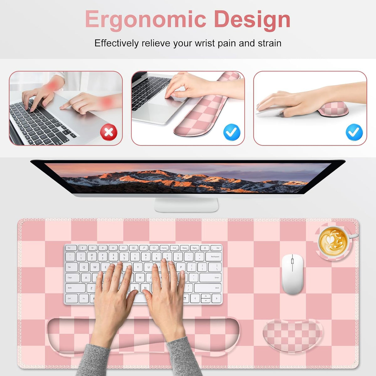 Soft Pink Checkerboard Mouse Pad Set, 4 in1 Ergonomics Keyboard Desk Mat with Memory Foam Wrist Rest, Extended Game Mousepad, Non-Slip Large Gaming Desk Pad Matt Easy Typing Pain Relief