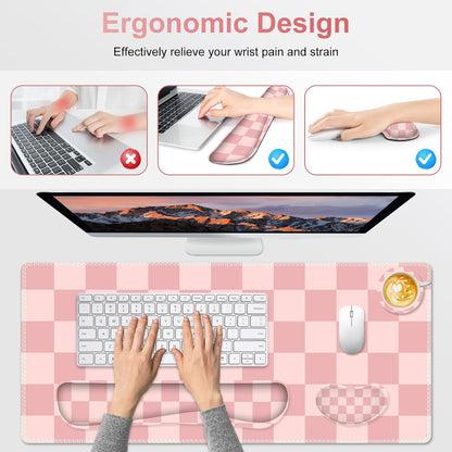 Soft Pink Checkerboard Mouse Pad Set, 4 in1 Ergonomics Keyboard Desk Mat with Memory Foam Wrist Rest, Extended Game Mousepad, Non-Slip Large Gaming Desk Pad Matt Easy Typing Pain Relief