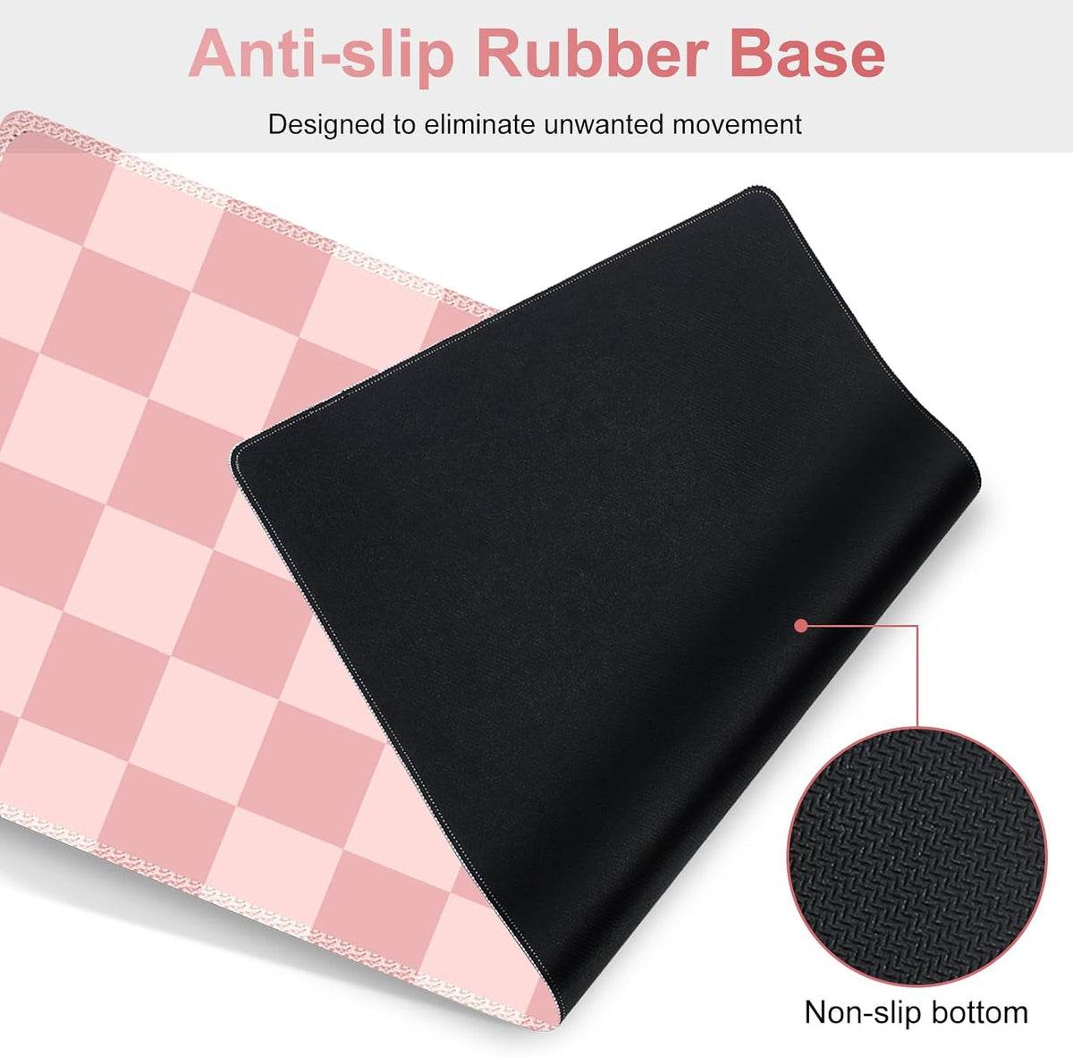 Soft Pink Checkerboard Mouse Pad Set, 4 in1 Ergonomics Keyboard Desk Mat with Memory Foam Wrist Rest, Extended Game Mousepad, Non-Slip Large Gaming Desk Pad Matt Easy Typing Pain Relief