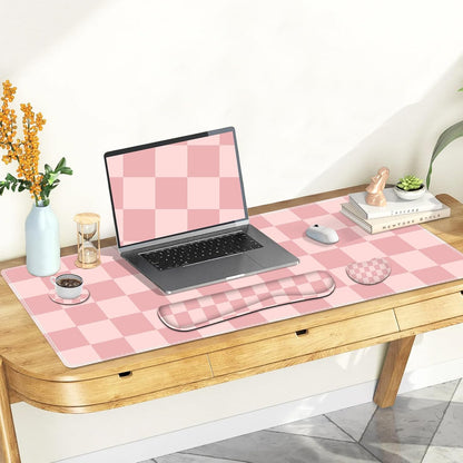 Soft Pink Checkerboard Mouse Pad Set, 4 in1 Ergonomics Keyboard Desk Mat with Memory Foam Wrist Rest, Extended Game Mousepad, Non-Slip Large Gaming Desk Pad Matt Easy Typing Pain Relief
