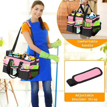 Large Cleaning Caddy Bag with Removable Apron, Wearable Cleaning Bags for Housekeepers, Utility Tool Tote for Kitchen, Garden & Car Detailing, Cleaning Supplies Organizer (Pink)