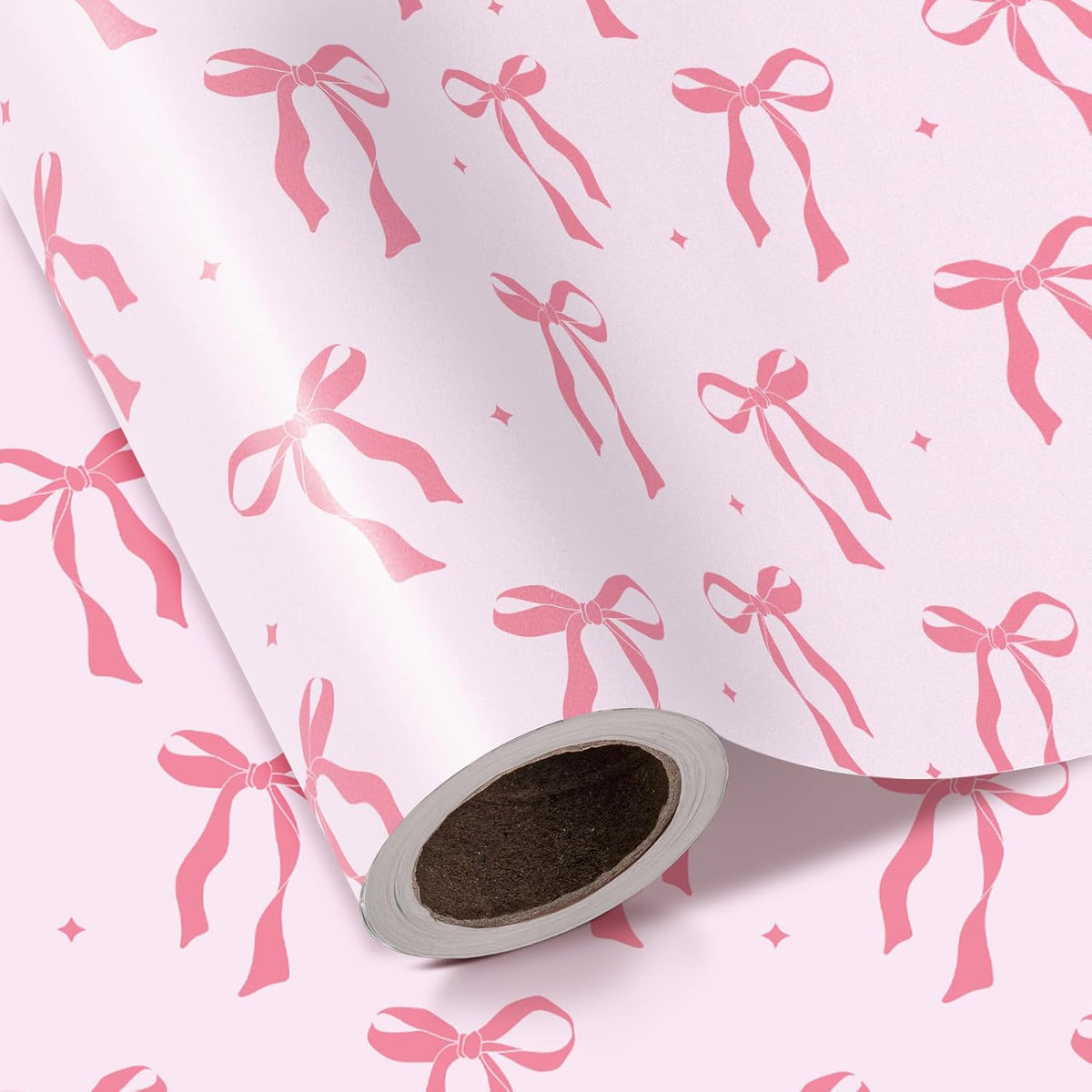 Pink Bow Wrapping Paper Roll - Mini Roll - 17 Inch x 16.5 Feet - Pink Ribbon Bow Design Perfect for Valentine's Day, Girls Birthday, Bachelorette Party, Baby Shower