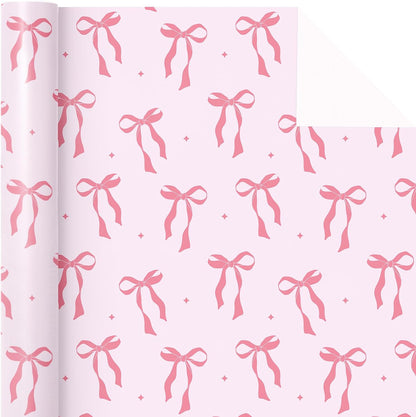 Pink Bow Wrapping Paper Roll - Mini Roll - 17 Inch x 16.5 Feet - Pink Ribbon Bow Design Perfect for Valentine's Day, Girls Birthday, Bachelorette Party, Baby Shower