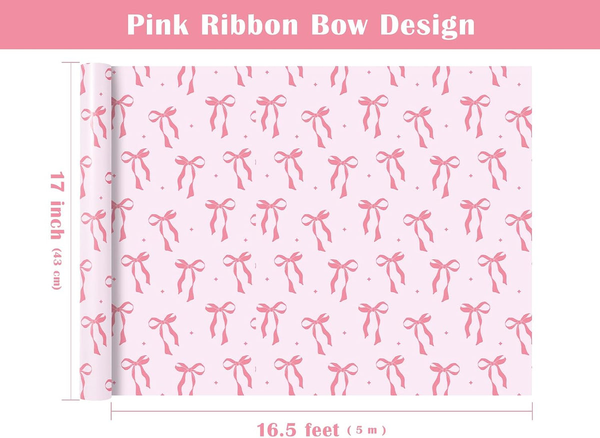 Pink Bow Wrapping Paper Roll - Mini Roll - 17 Inch x 16.5 Feet - Pink Ribbon Bow Design Perfect for Valentine's Day, Girls Birthday, Bachelorette Party, Baby Shower