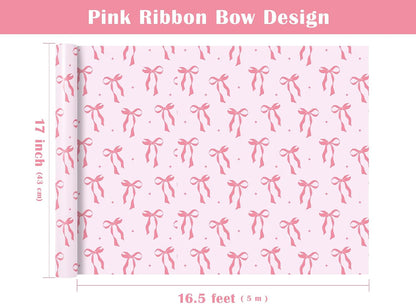 Pink Bow Wrapping Paper Roll - Mini Roll - 17 Inch x 16.5 Feet - Pink Ribbon Bow Design Perfect for Valentine's Day, Girls Birthday, Bachelorette Party, Baby Shower